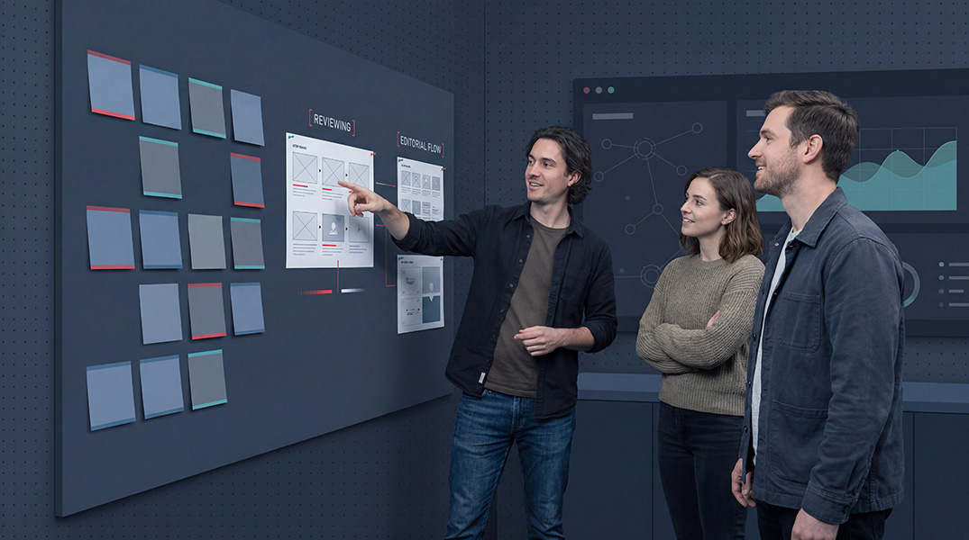 Editorial team in a content studio reviewing a storyboard with sticky notes and a wall of references
