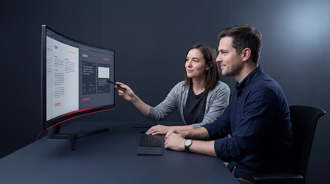 Writer and designer pair-reviewing copy on a shared screen