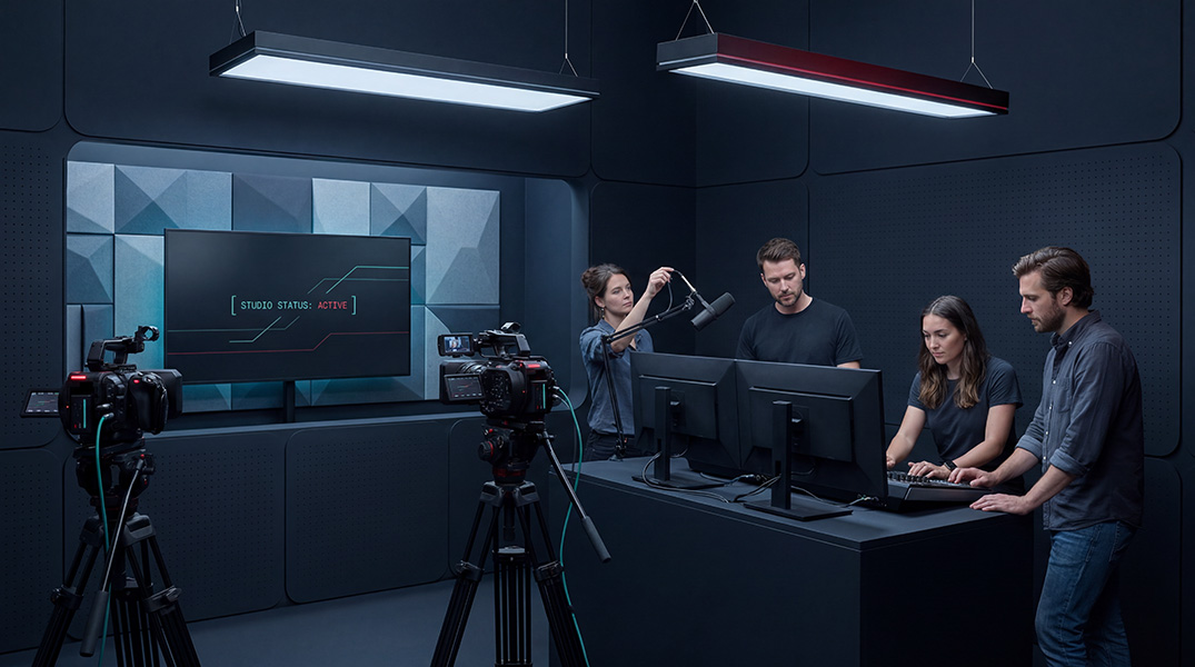 Branded content studio with cameras, lighting, and a styled set in the background