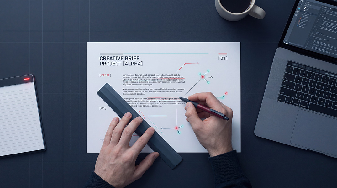 Hands annotating a printed creative brief on a studio table