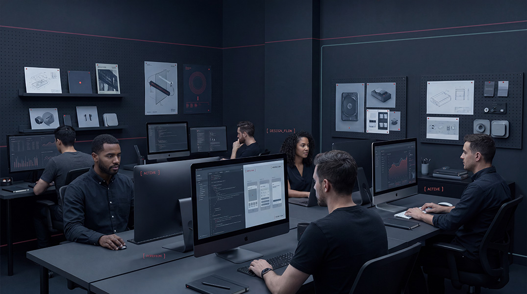 Modern agency office space with warm lighting and design artifacts