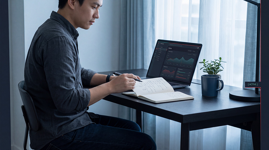 Independent strategist working from a sunlit home studio with notebook, laptop, and coffee