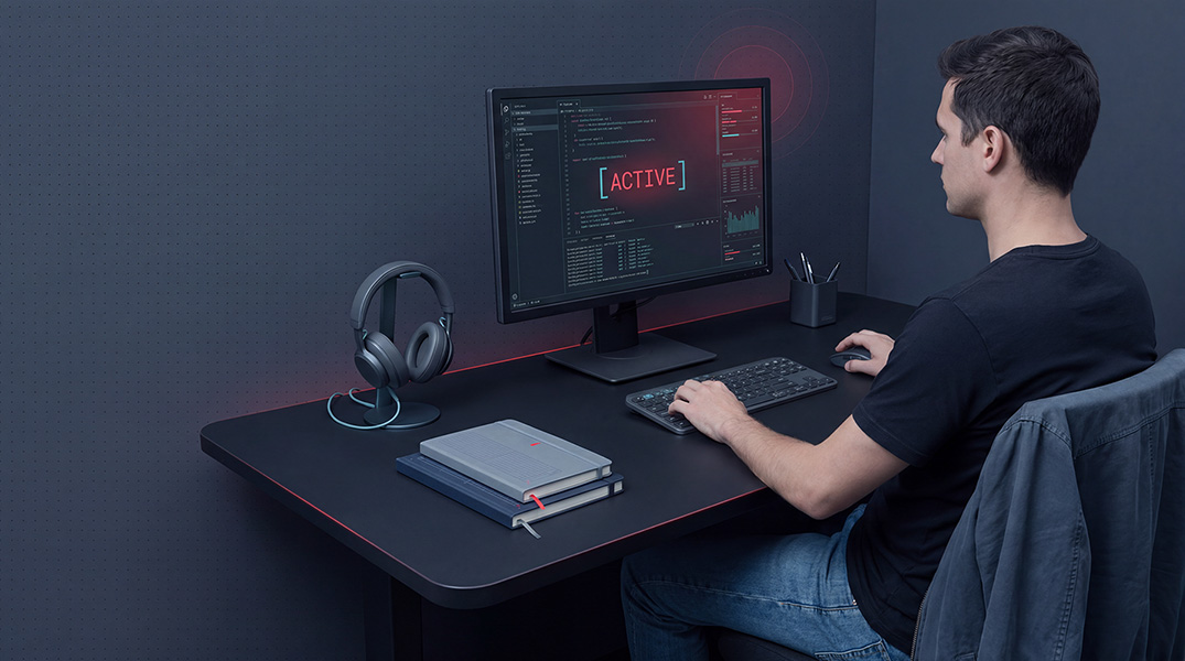 Personal workspace with curated tools: notebooks, headphones, and a single monitor