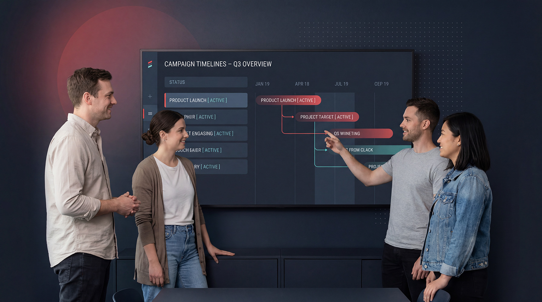 Brand team standup in a modern in-house marketing department, screens showing campaign timelines