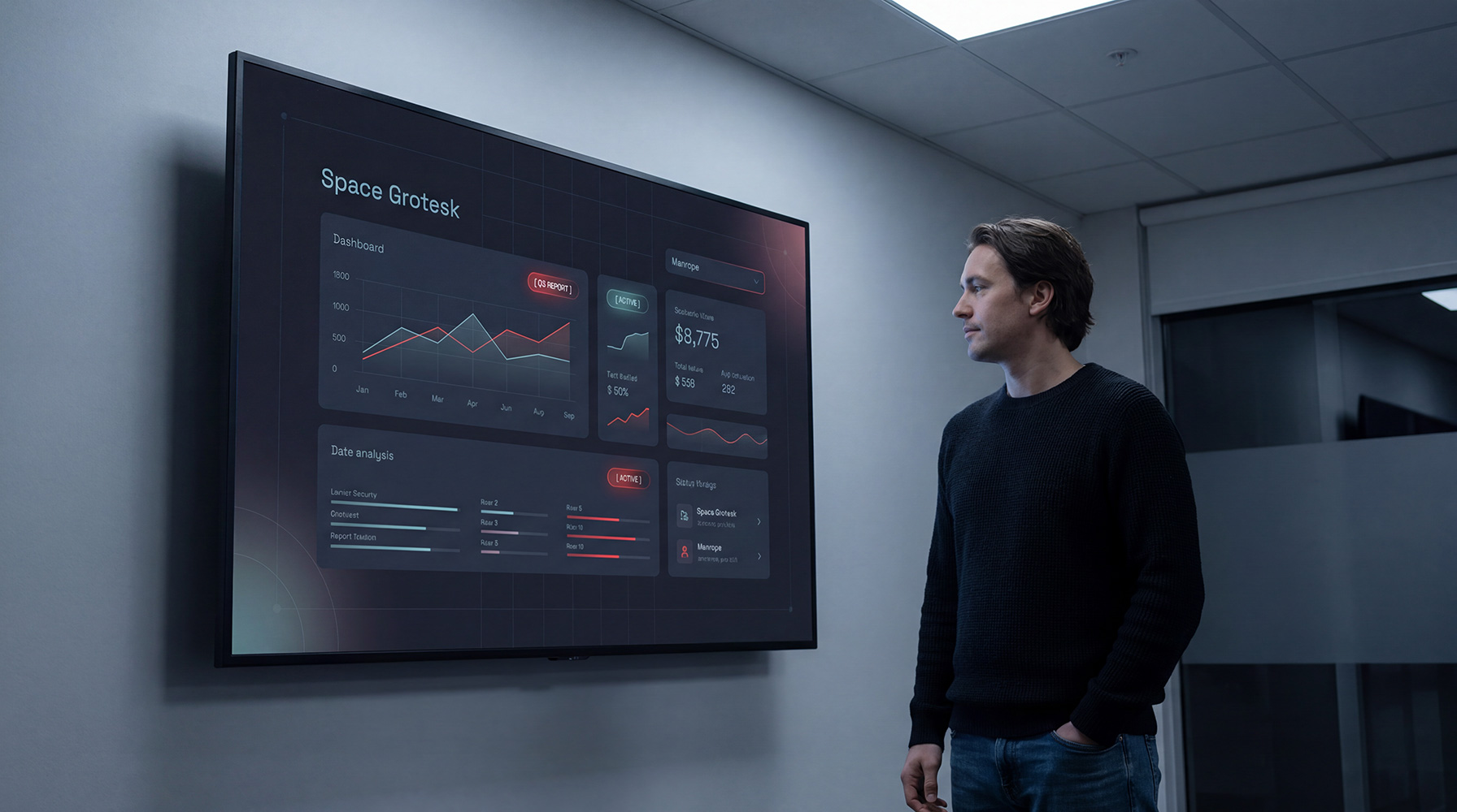 CMO reviewing quarterly performance dashboard on a large display