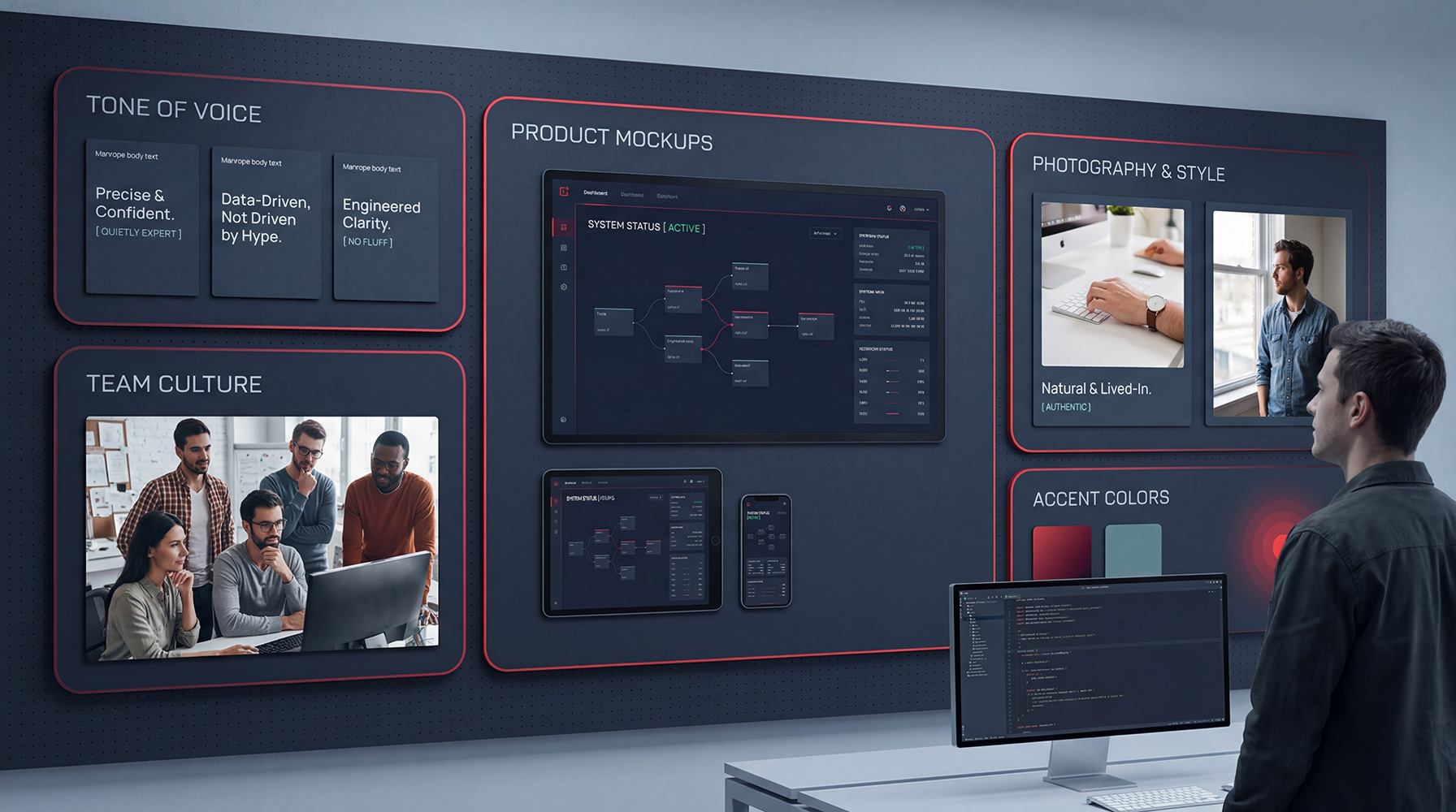 In-house brand wall with product mockups, photography, and tone-of-voice references