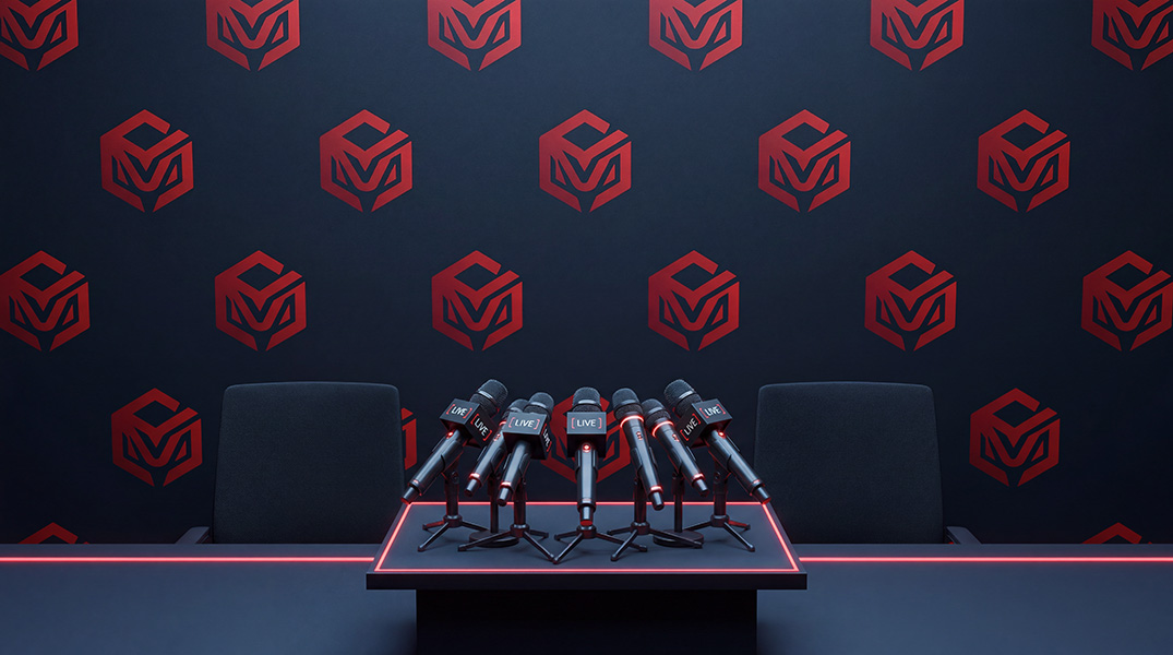 Press conference setup with professional microphones and brand backdrop