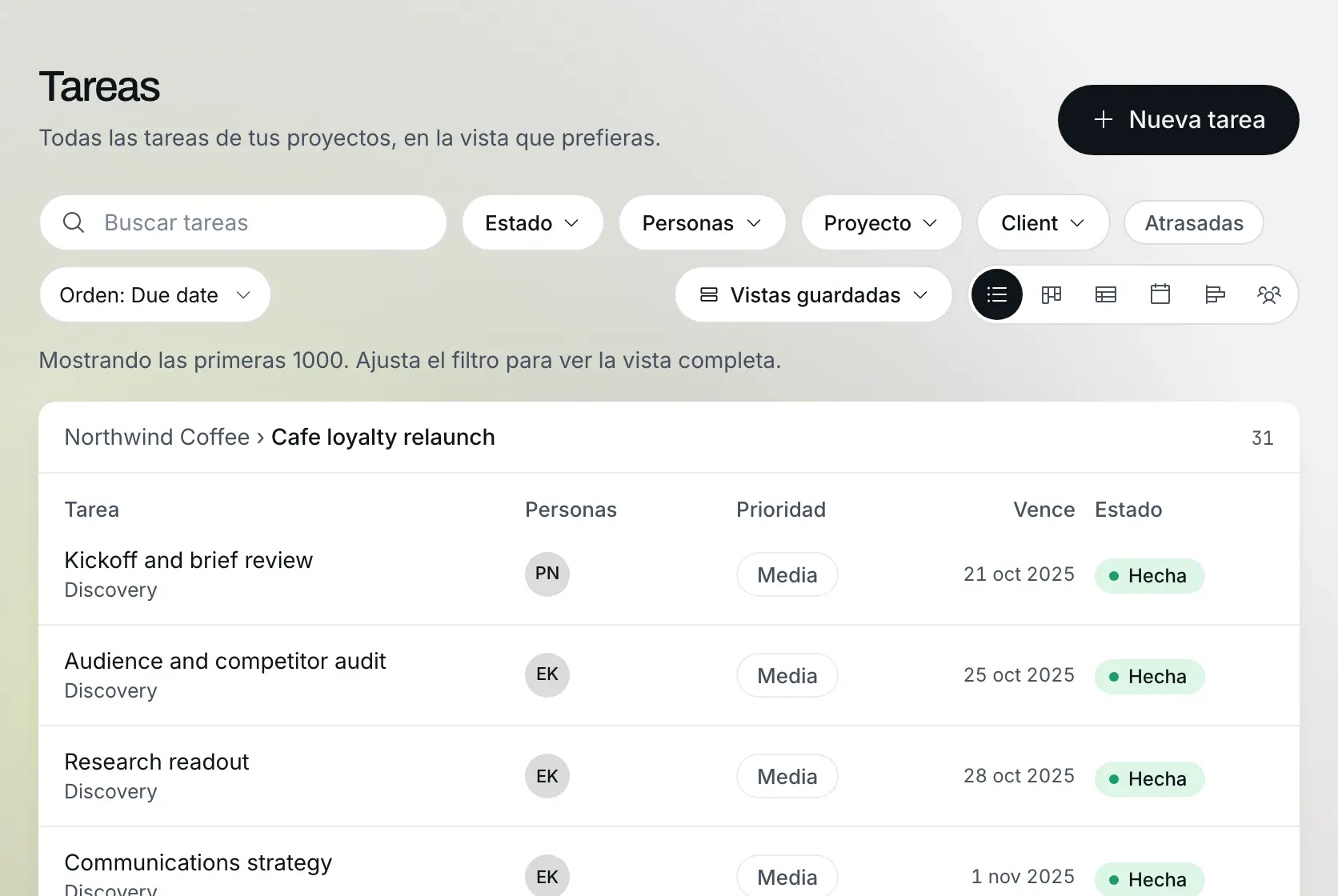Proyectos y tareas con responsable y fecha: Datos de ejemplo