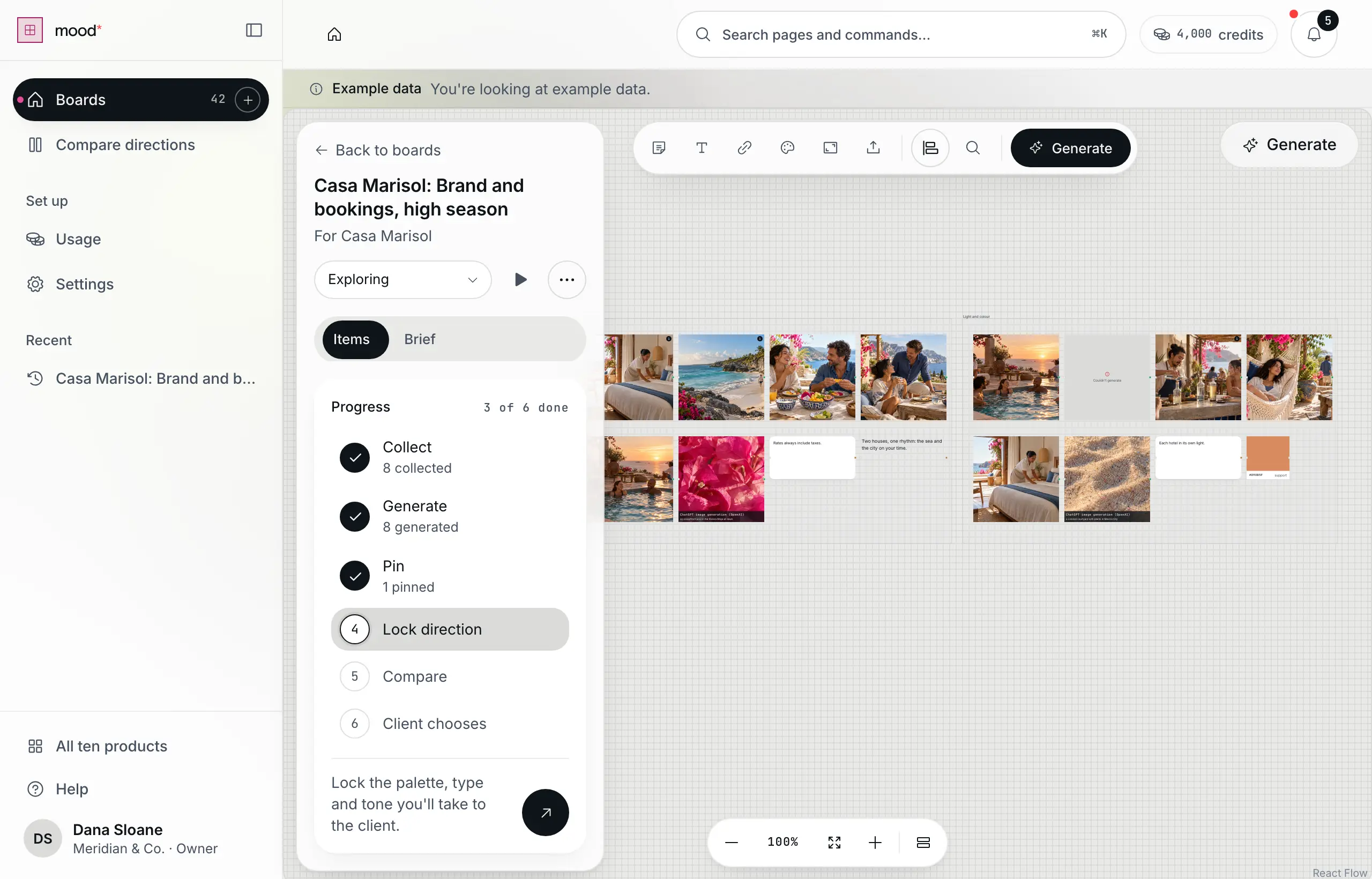 A Mood* board for Casa Marisol: beach, hotel and food references on the canvas, the board's progress on the left and the generate button above (example data)