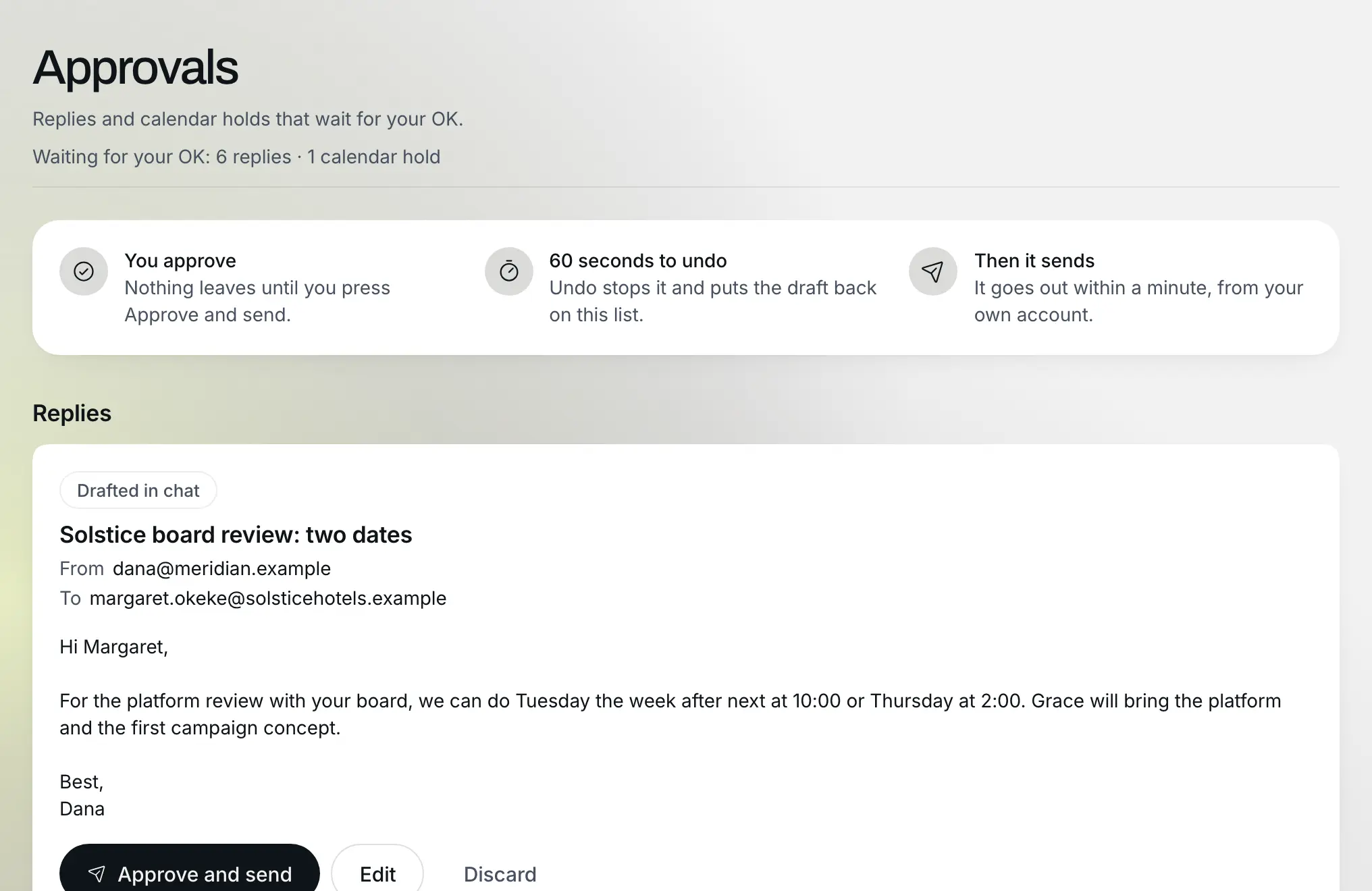 Pulse* approvals: two drafted replies waiting, each with Approve and send, Edit and Discard, and nothing sent until you approve (example data)