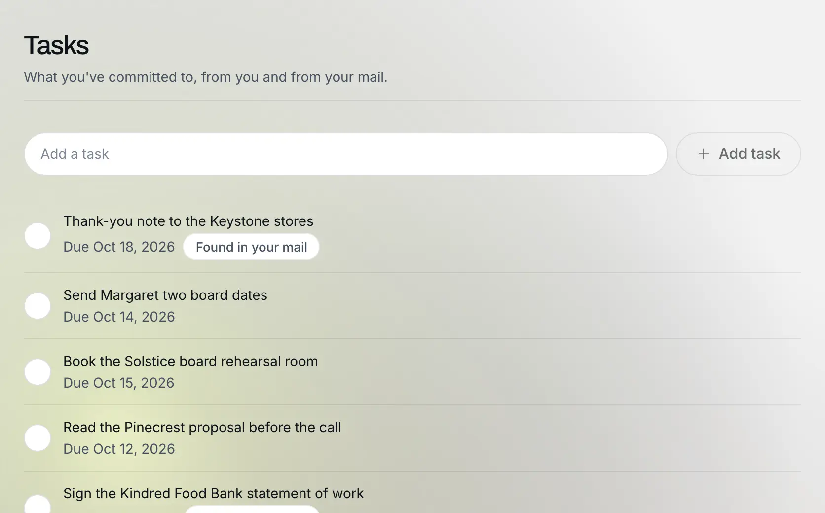 Commitments you made, on a list: Example data