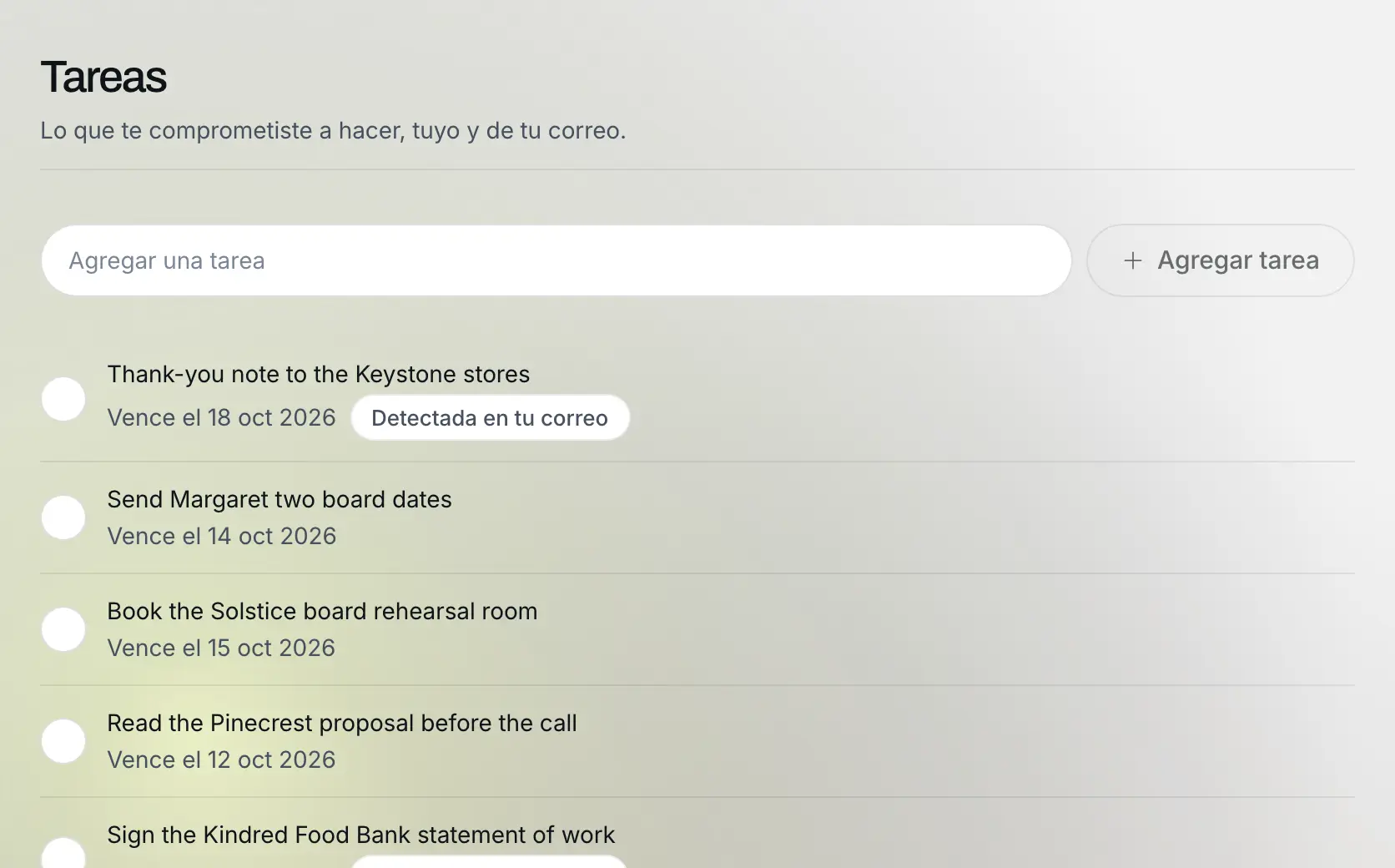 Tus compromisos, en una lista: Datos de ejemplo