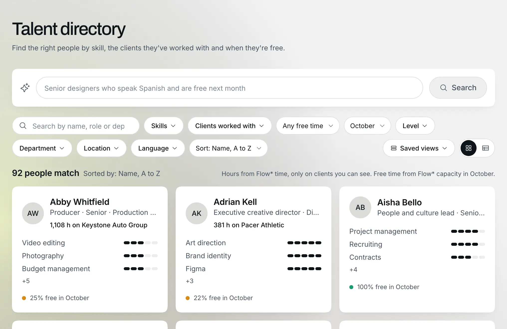 Skill* directory for Meridian & Co.: people cards with role, department and rated skills, filtered by department and skill (example data)