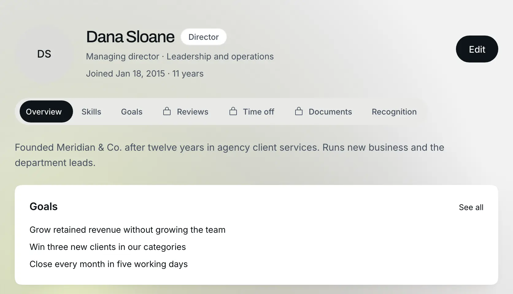 Employee profiles: Example data