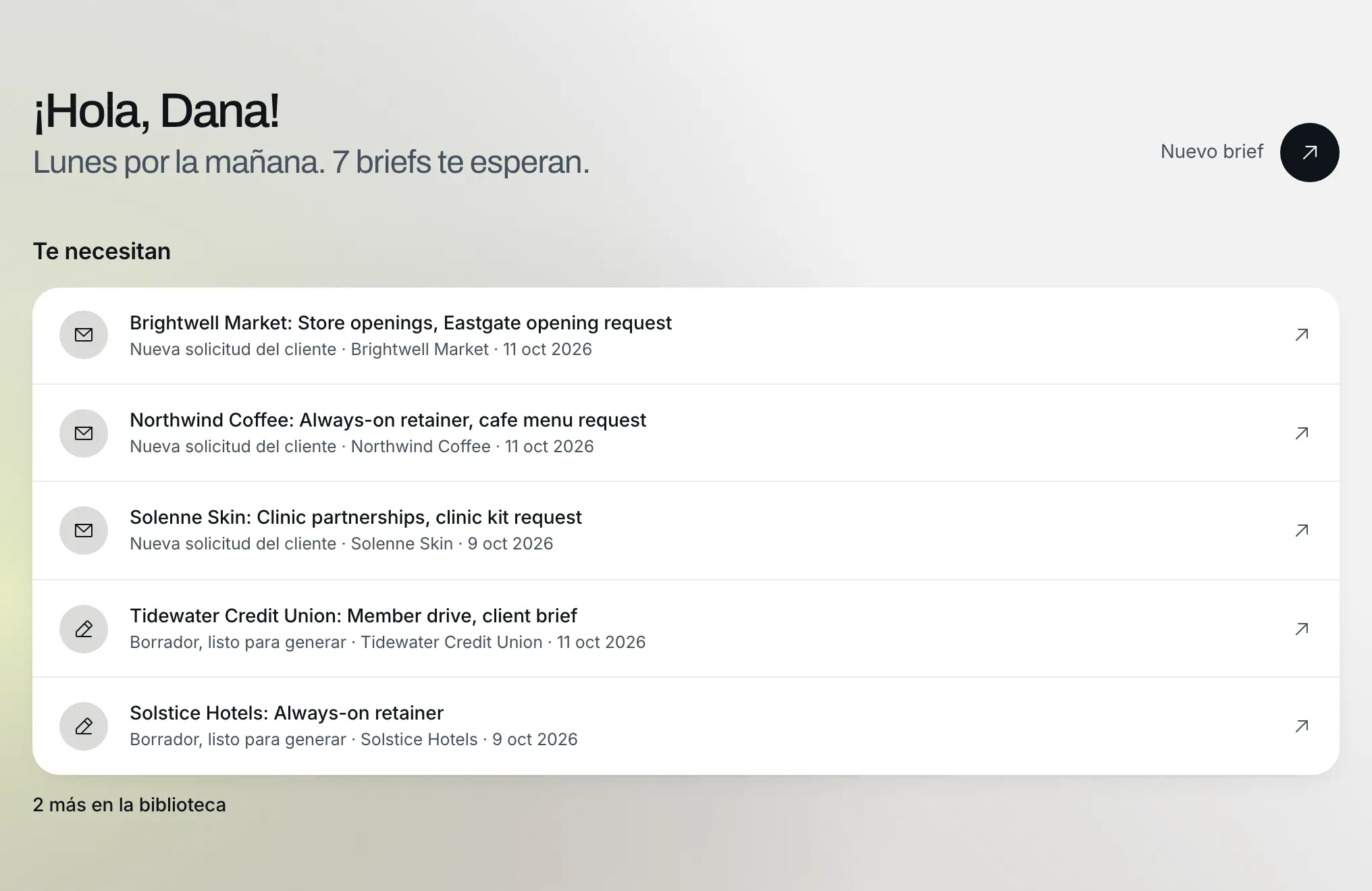 Inicio de Spark* de Meridian & Co.: siete briefs que esperan al equipo, entre ellos la solicitud del menú de cafeterías de Northwind Coffee (datos de ejemplo)