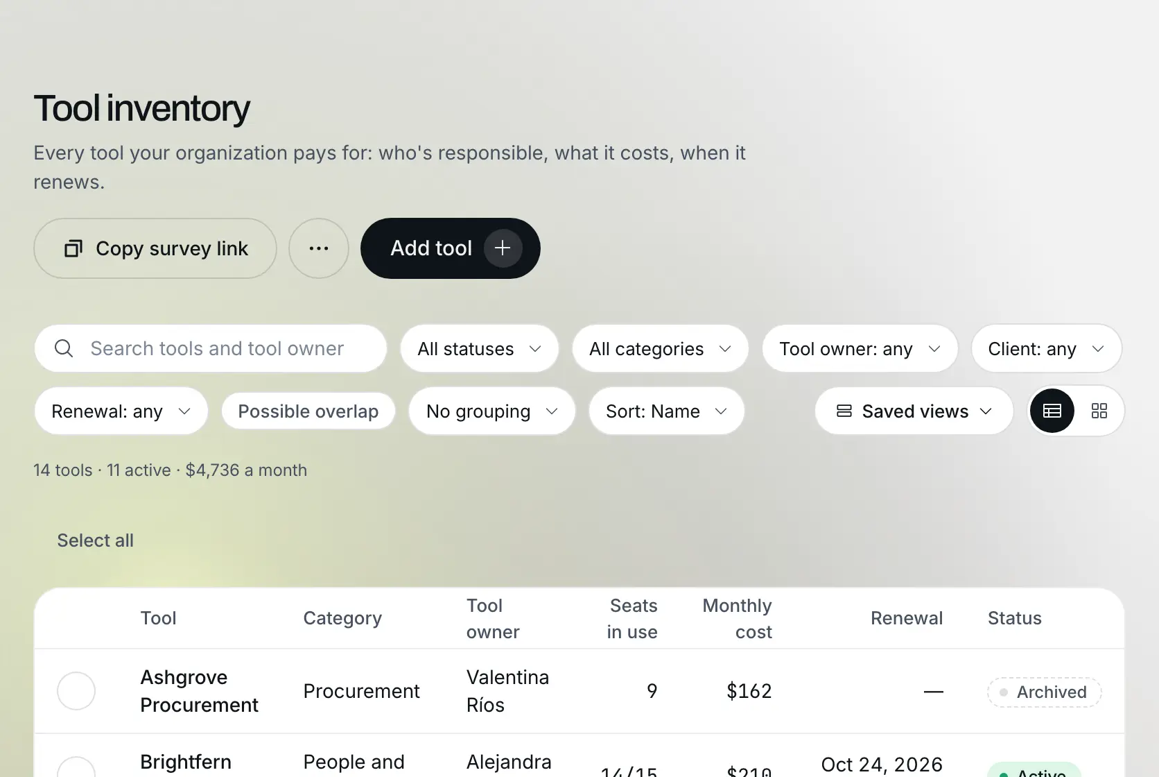 Tool inventory: Example data