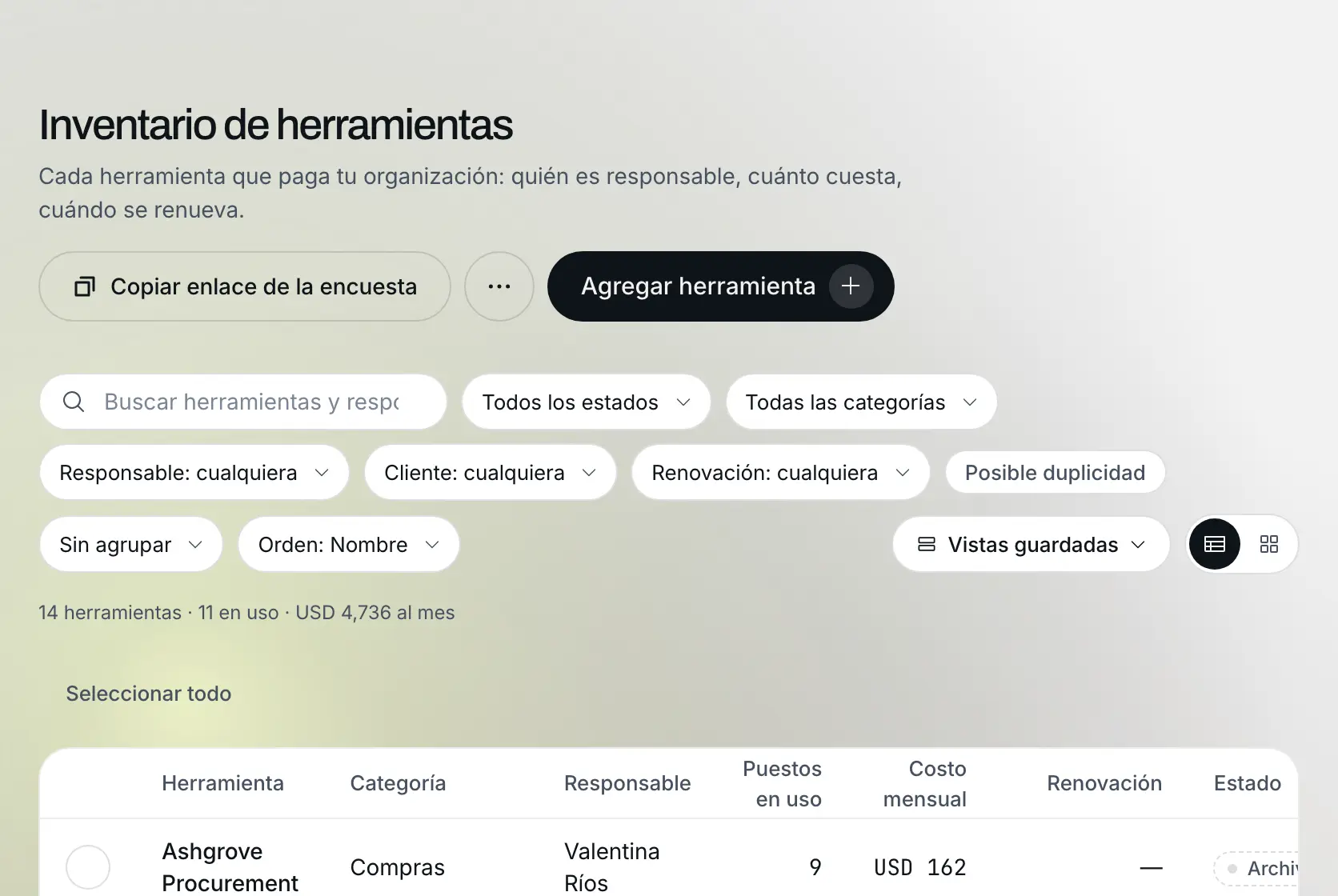 Inventario de herramientas: Datos de ejemplo