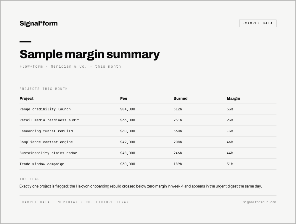 Example data: a sample Flow*form margin summary with the flagged project